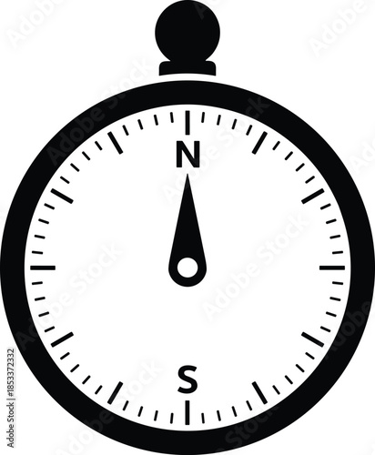 Black and white minimalist icon of a traditional magnetic navigation compass with north and south indicators for travel adventure and direction finding concepts