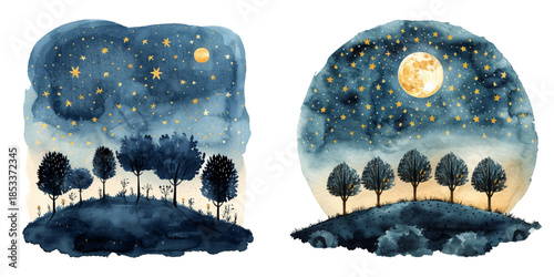 starry night with silhouette trees watercolor vector illustration