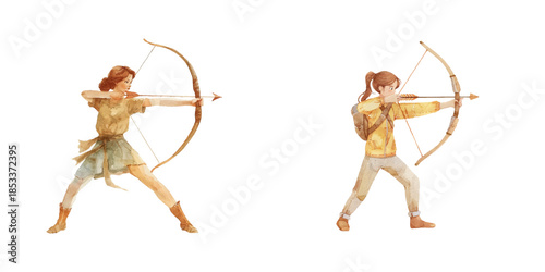 woman doing archery watercolor vector illustration