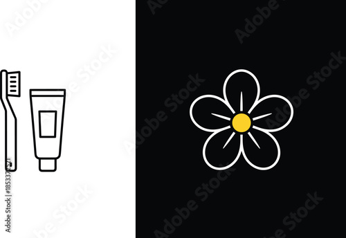 Minimalist black and white icons featuring a toothbrush with toothpaste tube and a decorative five petal flower with a yellow center for hygiene and nature themes