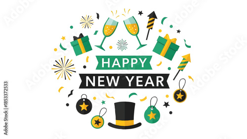 Flat lay of Happy New Year greeting with festive decorations and fireworks on a white background with a joyful mood.