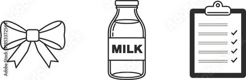 Minimalist black and white line art icons featuring a decorative ribbon bow a fresh glass milk bottle and a clinical clipboard document for various themes
