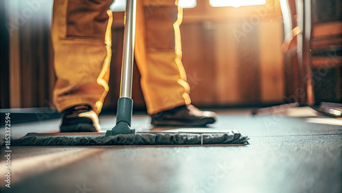 Wallpaper Mural Close up of male using modern vacuum cleaner concept. Person mopping floor in bright, clean environment, showcasing cleanliness. Torontodigital.ca