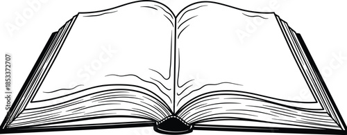 Detailed Black and White Illustration of an Open Blank Book with Empty Pages Isolated on White Background for Education Design.