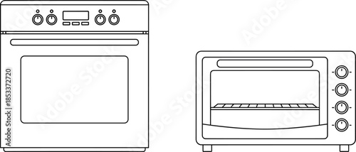 Minimalist black and white line art icons featuring a modern electric kitchen oven and a countertop toaster oven for cooking and baking food appliances