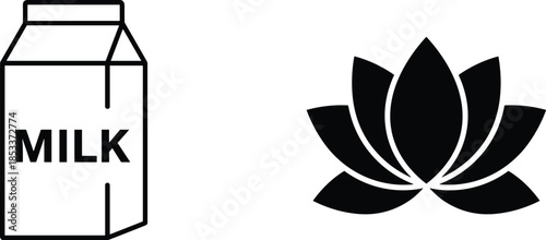 Minimalist black and white line art icons featuring a milk carton container and a blooming lotus flower representing healthy nutrition and spiritual wellness
