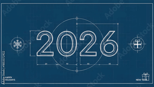 Blueprint-style illustration of the year 2026 with technical drawings on a dark blue background.