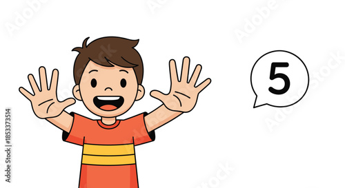Young boy holding up both hands showing ten fingers while a speech bubble displays the number five for learning math.