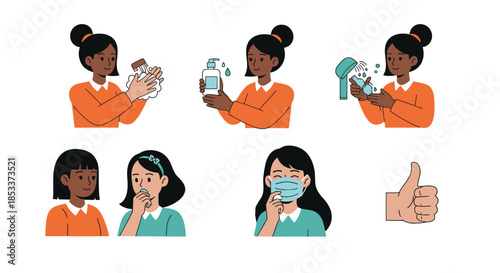 Illustrations of health and hygiene practices including hand washing sanitizing and wearing face masks for disease prevention.