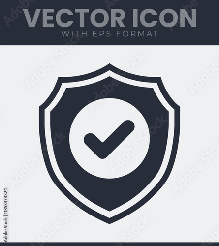 Security shield with checkmark icon. Protection, safety and quality assurance symbol, trust, verification, approved, trustworthy, reliable, guarantee and more. Solid vector symbol illustration