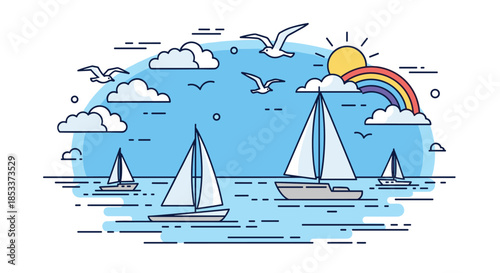 Peaceful sea landscape with sailboats seagulls sun and rainbow for summer holiday and nautical travel illustration theme.