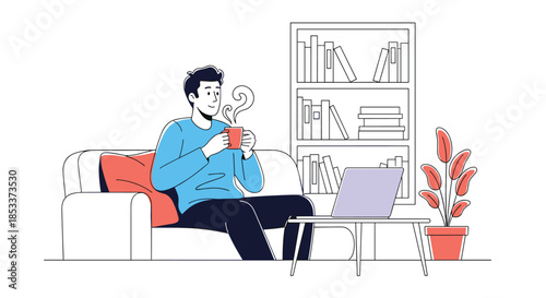 Man relaxing on sofa drinking coffee and looking at laptop in cozy living room with bookshelf and houseplant decoration.