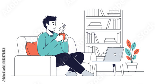 Man relaxing on sofa drinking coffee while looking at a laptop computer in cozy living room with bookshelf and plants.
