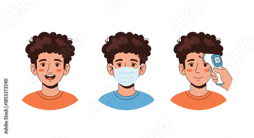Sequence showing health safety steps for boy including wearing face mask and temperature check for public safety during pandemic.