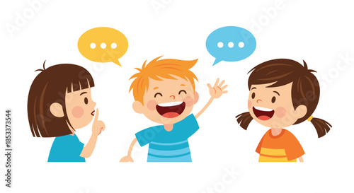 Three happy children talking and laughing together with colorful speech bubbles for concept of friendship and communication.