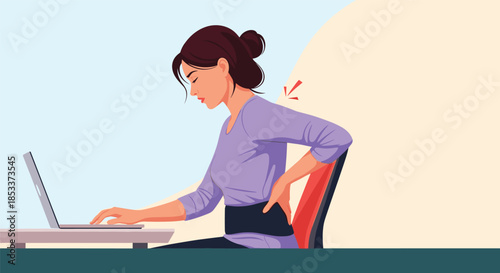 Young woman working on laptop experiences intense back pain while sitting at desk, depicting poor posture and spinal discomfort.