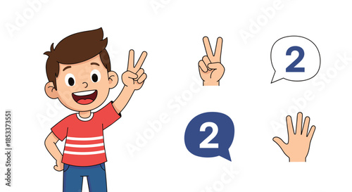 Young boy showing two fingers with corresponding hand and number icons for counting and early education math concept.