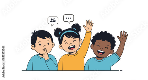 Diverse group of happy children raise their hands and smile during a lesson, representing education and classroom participation.
