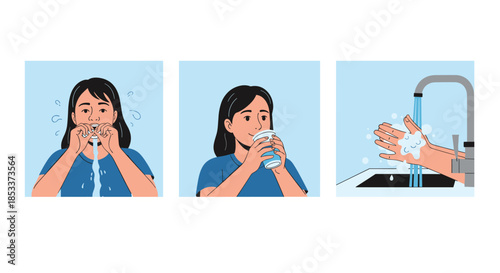 Sequential drawings demonstrate personal hygiene habits like gargling water, drinking, and washing hands thoroughly at a sink.