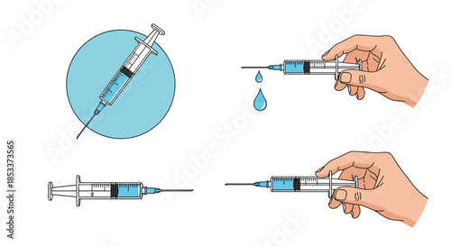 Medical syringe illustration set showing different angles and hands holding the device for vaccination or clinical treatments.