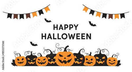 Halloween banner with group of spooky carved pumpkins bats and festive bunting flags on white background for party decoration.
