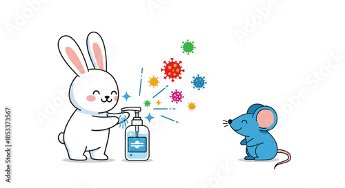 Cute rabbit washing hands with sanitizer while a mouse watches and virus particles float in air for hygiene awareness.