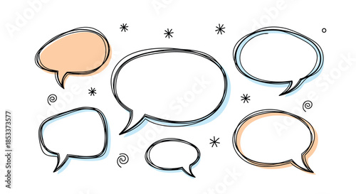 Collection of hand-drawn speech bubbles in various shapes and colors with stars and decorative elements on a white background set.
