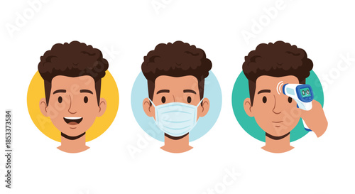 Illustration shows a man with different safety steps like wearing a medical mask and having his body temperature checked for health.