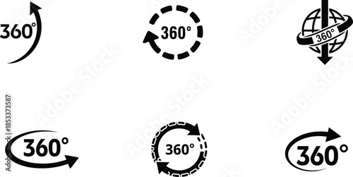 360 degree rotation icons set for virtual reality and panoramic view  various symbols for 360 degree view
