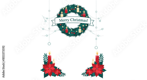 Beautiful Christmas wreath decoration with red and white candles plus poinsettia flowers for a festive holiday greeting card design.