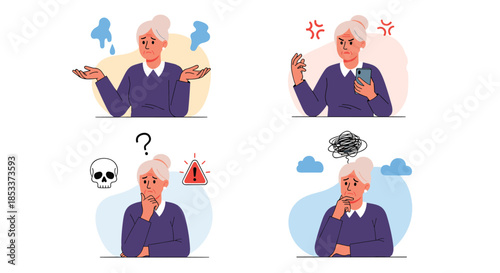 Senior woman displays various emotional reactions like anger and worry while using her smartphone, set of four character poses.