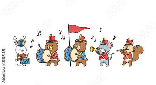 Cartoon animal marching band with bears and rabbits wearing red uniforms and playing drums, trumpet, and flute with musical notes.