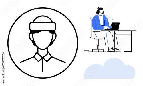 Remote work ed by user profile icon and individual working on a laptop in a digital setting. Remote work connectivity, modern technology, and virtual collaboration tools. Useful for teamwork, online