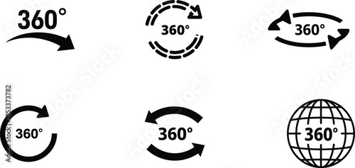 360 degree rotation icons set with arrows and globe on white background