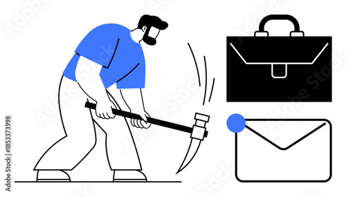 Data mining, digital communication, career innovation, employment, workflow optimization, business tools. Man using pickaxe near an email envelope and briefcase. Data mining and digital communication