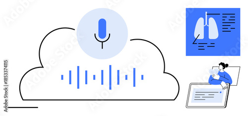Voice recognition concept. Voice recognition in cloud computing linked with artificial intelligence for healthcare. AI-powered voice recognition for medical data and diagnostics. Applications in