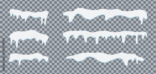 Collection of realistic white snow caps and melting icicles for winter design elements