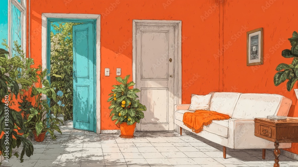 Fototapeta premium Indoor living room with S-shaped composition, white sofa, orange blanket, door on left opening to garden, warm and cozy atmosphere with natural light and stylish interior design