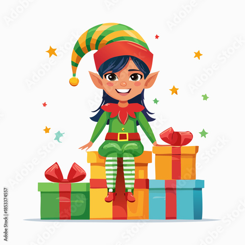 Cute Elf Girl Sitting on Christmas Presents Wearing Festive Outfit