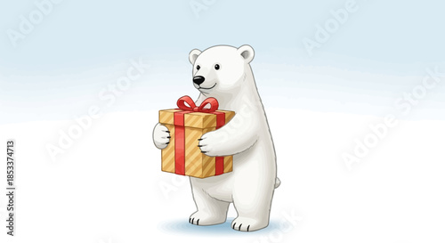 Cute polar bear holding a wrapped gift box with a red bow on a light blue background, standing on white surface, smiling and looking sideways, vector illustration
