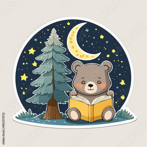 Charming cartoon bear engrossed in a storybook beneath a whimsical starry night sky and a tranquil pine tree