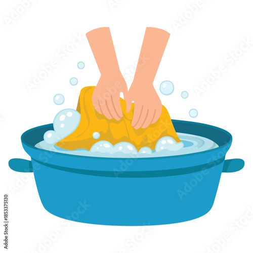 Green basin washing clothes by hands vector illustration on white background perfect for housework domestic cleaning and laundry chore concept artwork