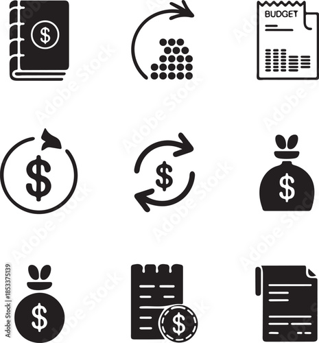 Finance and budgeting icon set with money management symbols, savings, income flow, expenses and financial documents vector