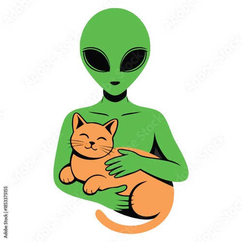 Green aliens illustration with inscriptions vector flat humanoid open space creature holding cat and showing peace sign ideal for sci fi character artwork