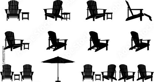 Adirondack chair silhouette vector set, black patio lounge furniture icons collection, wooden outdoor chairs and umbrella, garden relaxation illustration isolated on white background