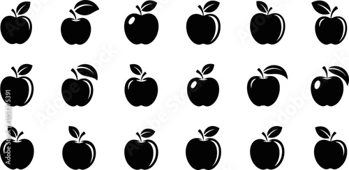 Apple fruit silhouette icon collection, fresh organic apples in multiple shapes and styles, black vector illustration set isolated on white background for food design