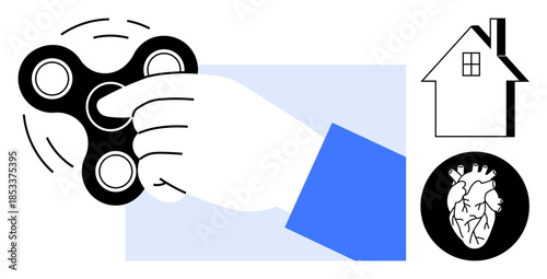 Stress relief, relaxation, mental focus, mindfulness, health education, home activities. Hand spinning a fidget spinner next to a heart and house illustration. Stress relief and relaxation concept