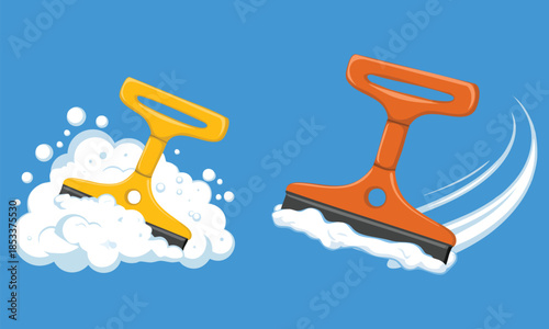 Cleaning vector elements window cleaning brush cartoon flat style washing glass with a squeegee clean house isolated illustration perfect for hygiene and home care themes