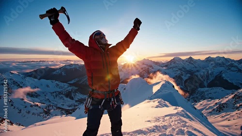 A triumphant figure on a snow-covered mountain peak celebrates a victory at sunrise