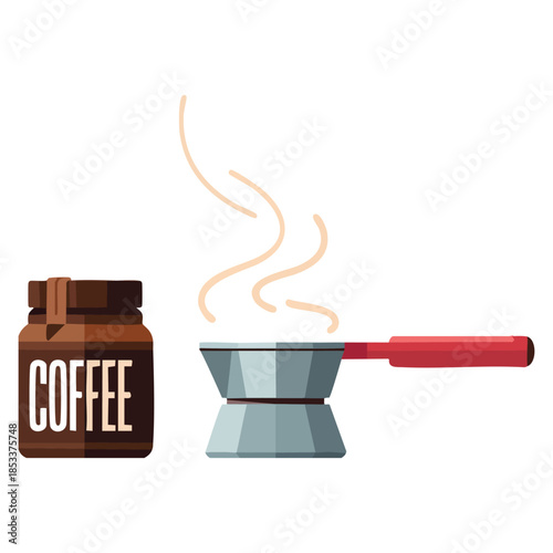 Coffee brewed in cezve with package of coffee vector illustration on white background perfect for beverage, cafe, coffee shop, and drink themed designs